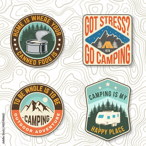 Set of camping related typographic quote for sticker, badges, patches . Vector. Patch design with forest, mountains and starry night sky, canned fish, camper silhouette