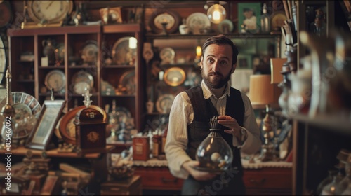 The picture of the antique dealer that working inside the old vintage shop that selling, buying or appraisal the antique, old, retro, classic object in the past but still valuable and elegant. AIG43.