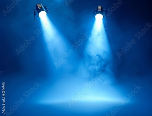 Two spotlights illuminate a stage with intense blue light, casting mesmerizing beams through thick smoke, creating a captivating atmosphere photo