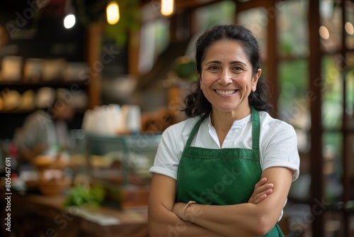 Portrait of beautiful smiling female small business of restaurant. Generate AI image