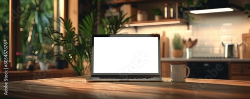 a laptop on a wooden table in a home kitchen photo