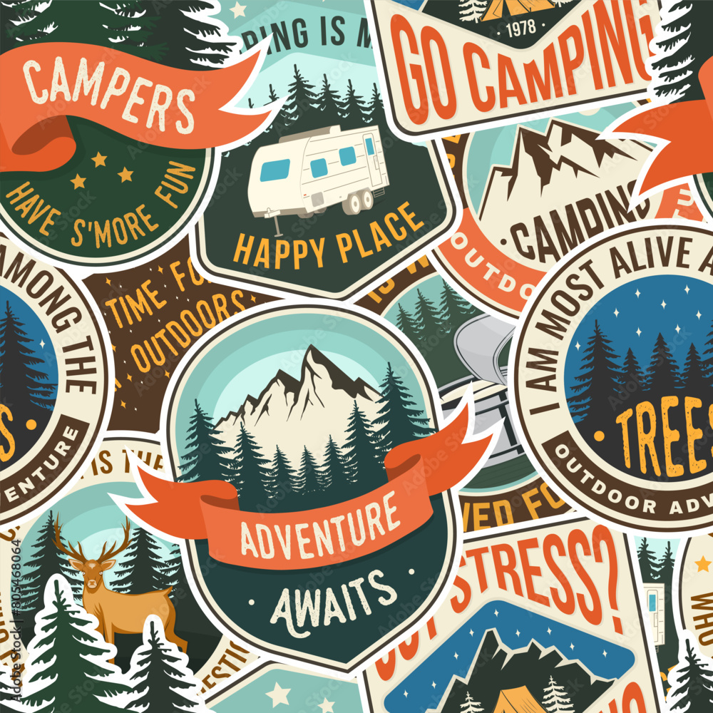 Summer camp seamless pattern or background. Vector. Fabric, textile, wallaper.