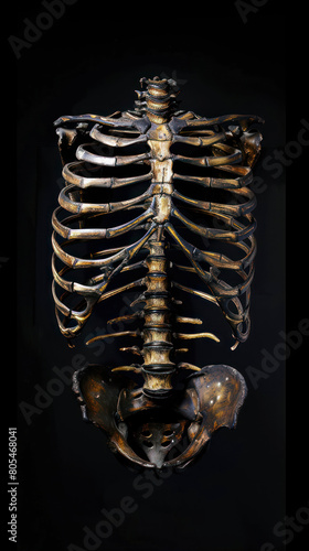 Human skeleton model on black background. Anatomical model of human body.