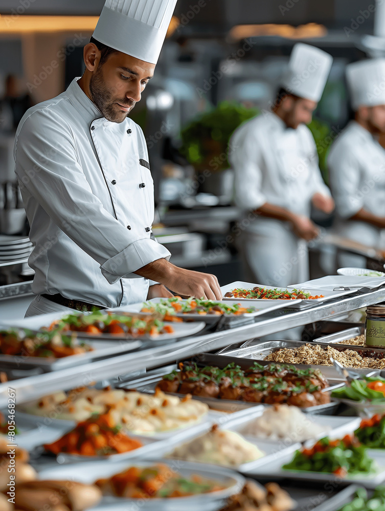 The chef prepares dishes for the buffet table in the restaurant. The chef prepares dishes for the buffet table in the restaurant.