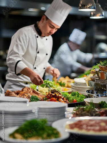 The chef prepares dishes for the buffet table in the restaurant. © Irina