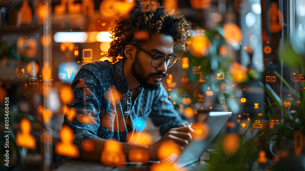 A focused Black man with glasses and curly hair uses a tablet amidst vibrant digital icons and data in a modern workspace A focused Black man with glasses and curly hair uses a tablet amidst vibrant digital icons and data in a modern workspace