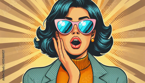 A surprised woman taken aback with hand to face in sunglasses comic book style retro art photo