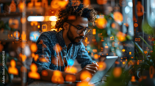 A focused Black man with glasses and curly hair uses a tablet amidst vibrant digital icons and data in a modern workspace