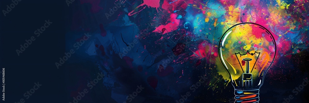 Colorful drawing of a light bulb bursting with paint on a dark backdrop Colorful drawing of a light bulb bursting with paint on a dark backdrop