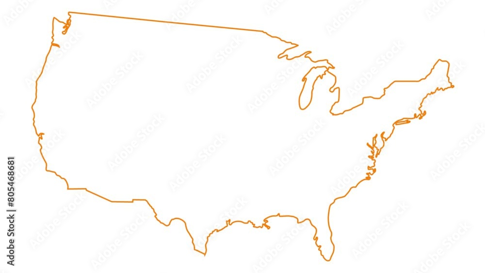 Animated linear orange icon of USA map is drawn. Symbol of United states of America. Line vector illustration isolated on white background. Animated linear orange icon of USA map is drawn. Symbol of United states of America. Line vector illustration isolated on white background.