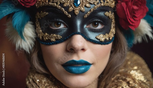 Portrait of a woman in a richly decorated masquerade mask. the mask has high detail and elegant style. the design creates an atmosphere of mystery, fantasy, and magic © MaMaKe