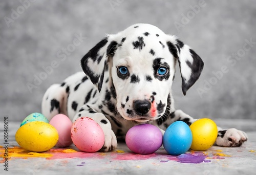 Perro dálmata de ojos azules rodeado de huevos de color photo