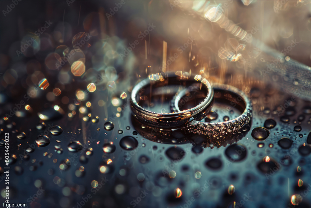 Wedding rings on a dark background with water drops, close-up Wedding rings on a dark background with water drops, close-up