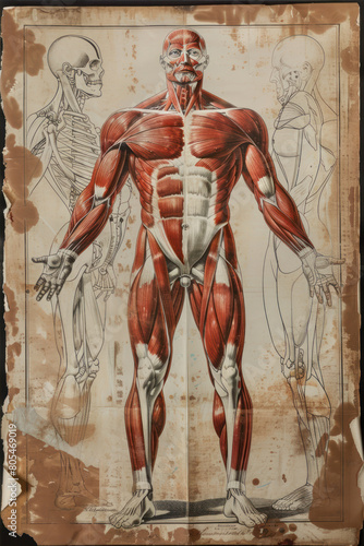 Sketch of human body with muscles on old paper background. © Ula