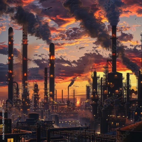 A beautiful painting of an industry landscape  emphasizing bustling factories under a twilight sky  3d model isolated white background