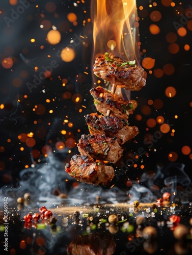 Flaming grilled meat skewers captured in a dramatic display of fire, smoke, and vibrant bokeh lights.