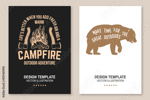 Set of camping poster design. Vector. Outdoor adventure. Design with axe, bear and campfire silhouette