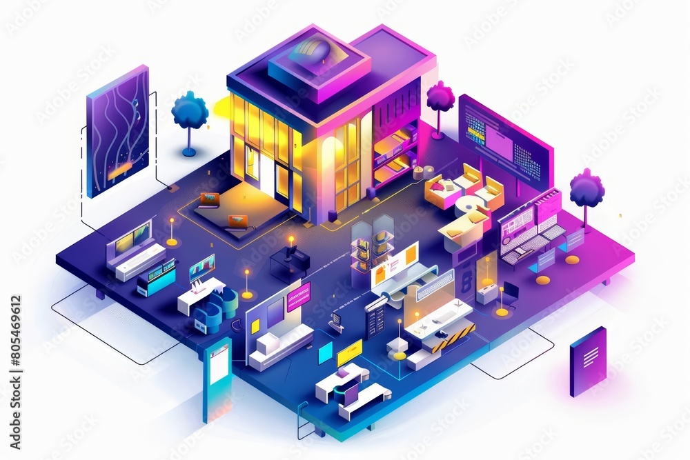 A small isometric business hub, featuring dynamic startups and collaborative workspaces, model isolated on solid background A small isometric business hub, featuring dynamic startups and collaborative workspaces, model isolated on solid background
