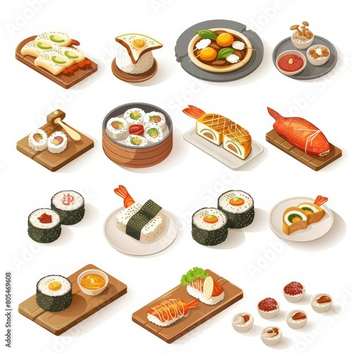 A small isometric display of traditional foods from around the world, model isolated white background