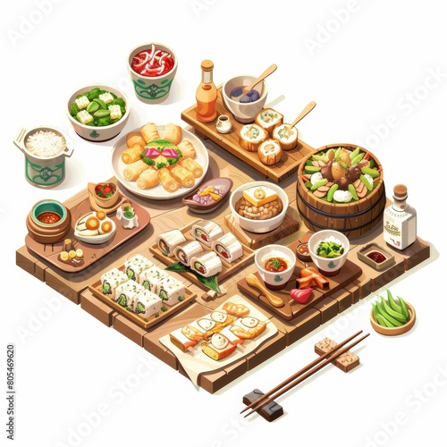 A small isometric display of traditional foods from around the world, model isolated white background