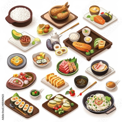 A small isometric display of traditional foods from around the world, model isolated white background