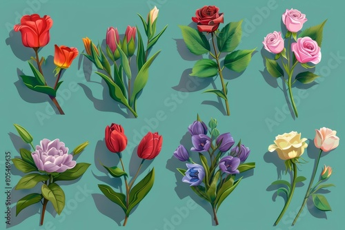 A small isometric set of flowers, featuring vibrant tulips and roses, model isolated on solid color background #805469635
