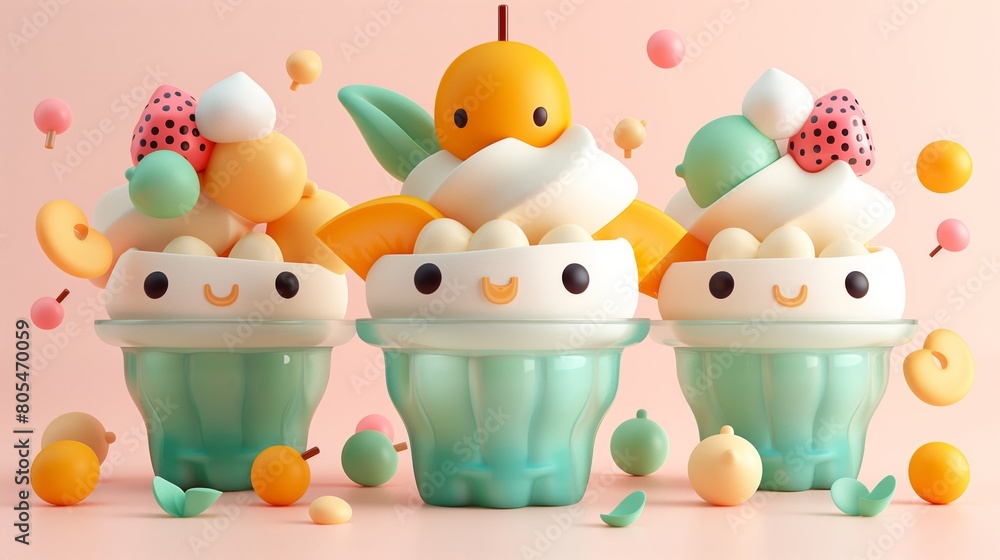 Playful and youthful arrangement of three ice cream compositions in glass bowls, adorned with vibrant pastel colors and charming character elements, perfect for lighthearted and sweetthemed designs Playful and youthful arrangement of three ice cream compositions in glass bowls, adorned with vibrant pastel colors and charming character elements, perfect for lighthearted and sweetthemed designs