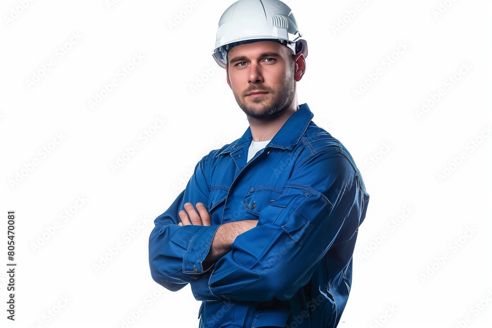 male construction worker in a helmet stands with his arms crossed male construction worker in a helmet stands with his arms crossed