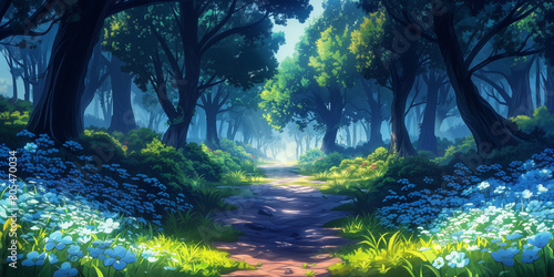 Forest path background environment for a mobile game. Enchanted route landscape with trees and flowers, flat 2d cartoon style photo