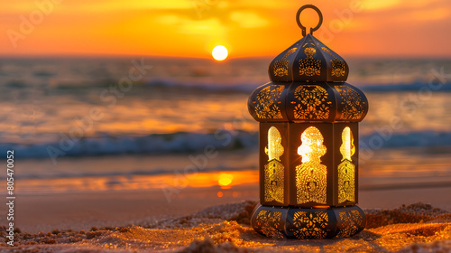 A ornamental lantern on the beach at sunset, with space for copy photo