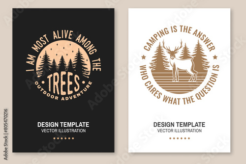 Set of camping poster design. Vector. Outdoor adventure. Design with elk and forest landscape