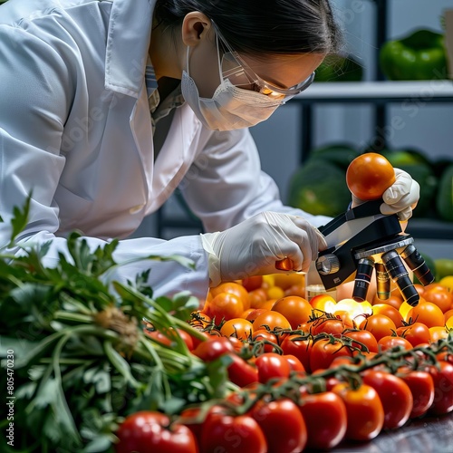 Scientist check chemical food residues in laboratory Control experts inspect quality of fruits
