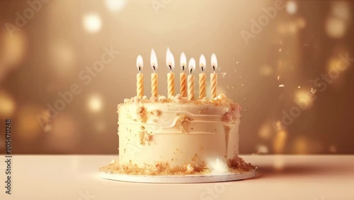 Beautiful birthday cake with candles on beige background with golden lights