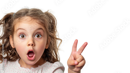 Mała dziewczynka wskazująca znak pokoju palcami, ubrana w jasną sukienkę, uśmiechnięta i radosna photo