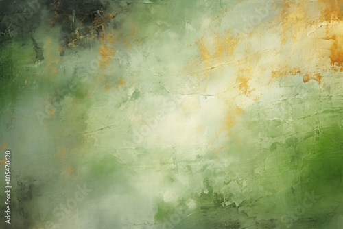 Gritty and bold, grunge green olive texture abstract background with paint splatters and strokes on canvas