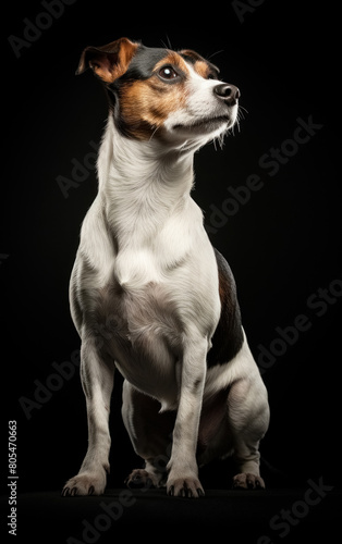 Full body shoot close up studio portrait Jack Russell dog isolated on black background
