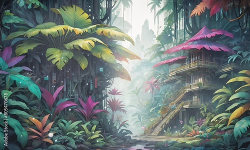Tropical forest cyberpunk futuristic jungle