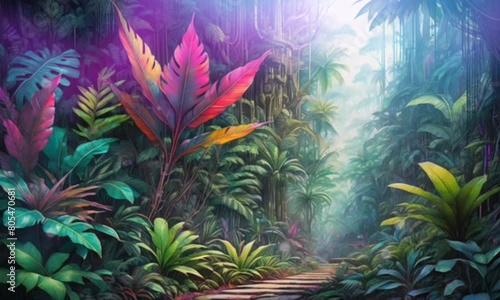 Tropical forest with cyberpunk theme color effect