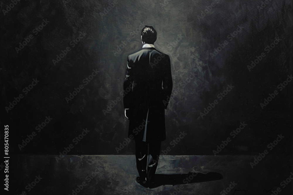 Obraz premium In a scene reminiscent of classic elegance, a man is captured agnst a black canvas, his attire comprising of black garments and white shoes, each detl impeccably defined in HD clarity.