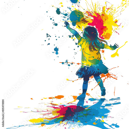 Młoda dziewczynka tańczy otoczona kolorowymi plamami farby na przezroczystym tle. Cała scena emanuje energią i radością