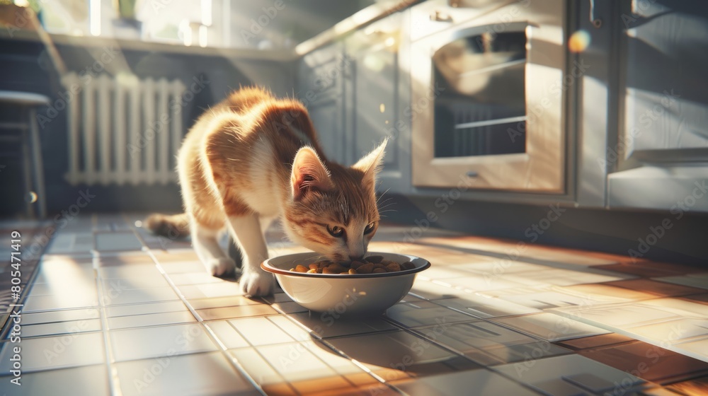 ginger cat eats from a bowl in the kitchen, the concept of eating domestic animals and the way of living of domestic animals