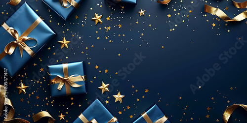 Merry Christmas and Happy New Year greeting card with blue gift boxes and golden ribbons on dark blue background,copy space for text.