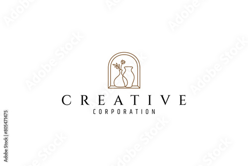 flower vase logo placed on house window in line art design style