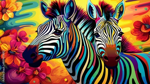 Two zebras are standing next to each other in a colorful painting