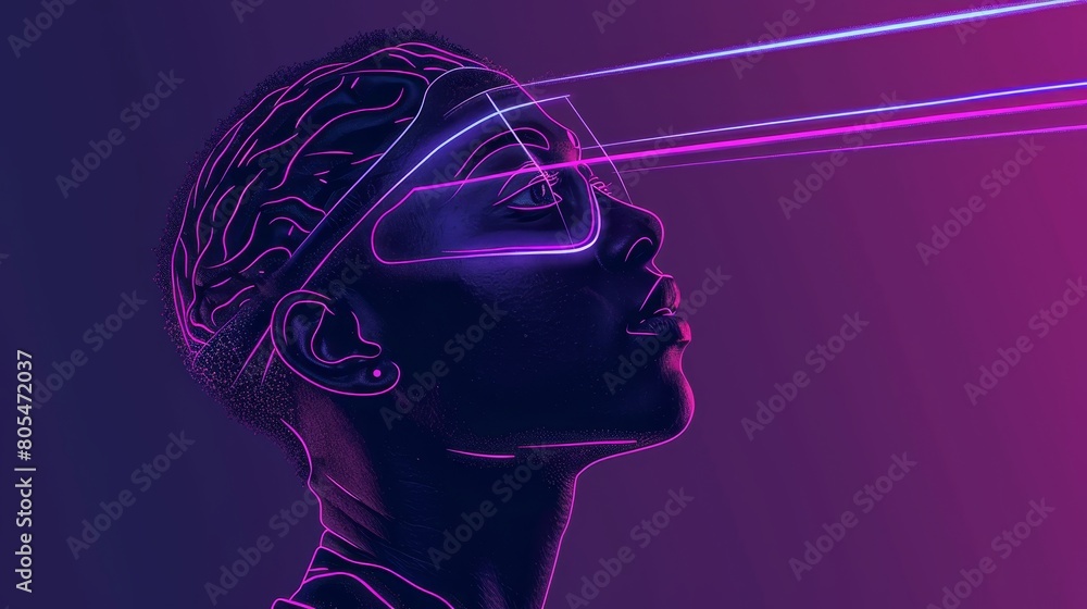 Obraz premium A woman's face is projected on a purple background with a blue and purple glow