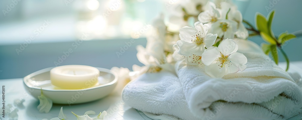 White flowers and white towels on the table. Fragrance marketing concept