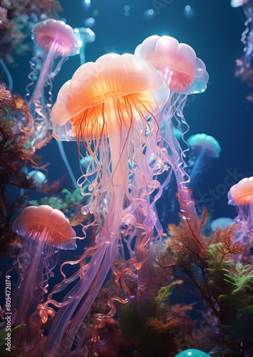 a serene underwater oasis with a school of neon-hued jellyfish