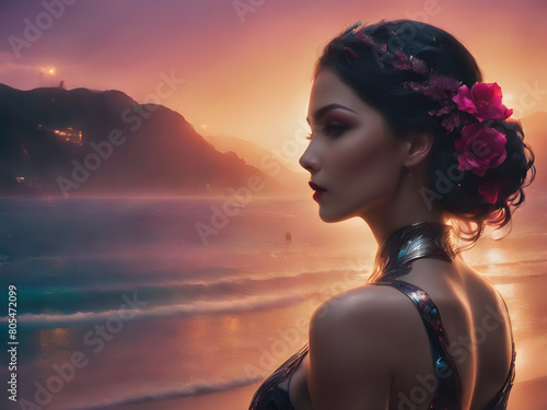 Beautyful woman with flowers in her black hair, standing at beach during orange purple sunet photo