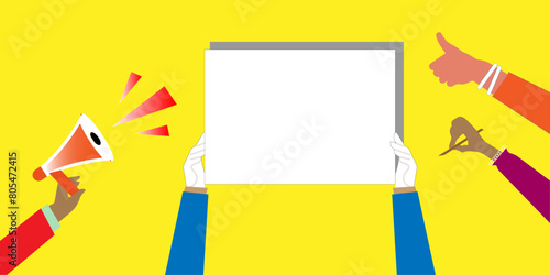 People showing a blank advertisement sign, announcement, like thumbs up symbol, writing hand.
