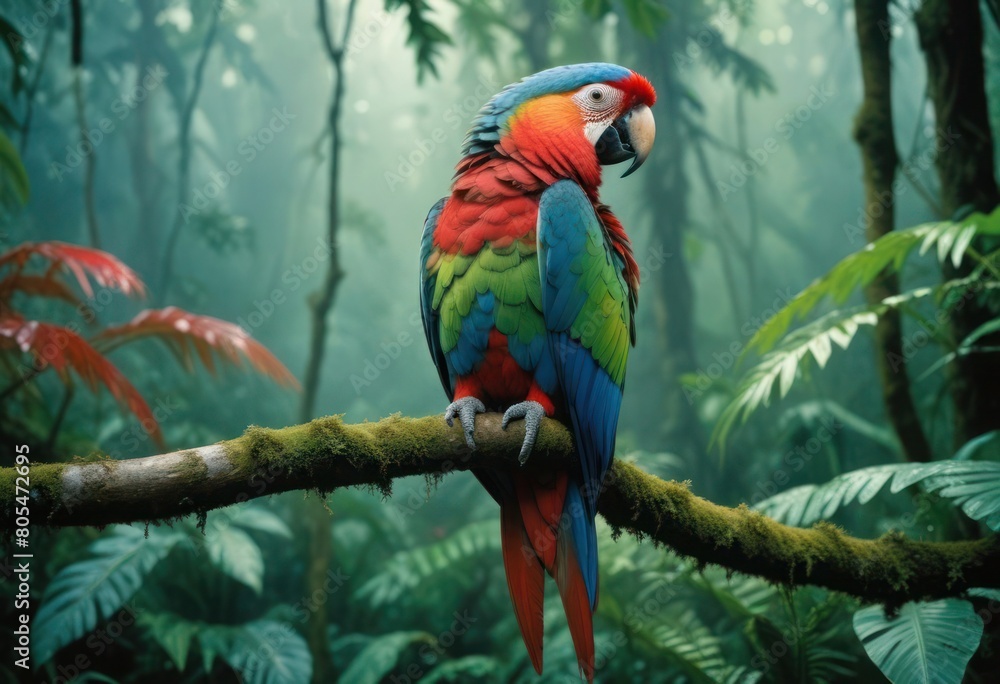 Fototapeta premium A vibrant parrot perched amidst the dense rainforest, echoing calls of the wild.